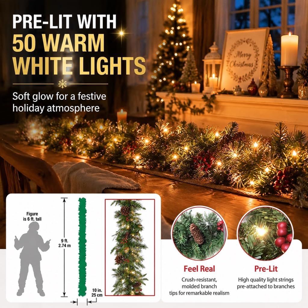 Pre-Lit Artificial Christmas Garland, 9 Feet, 50 Warm White Lights, Decorated with Pine Cones and Berry Clusters
