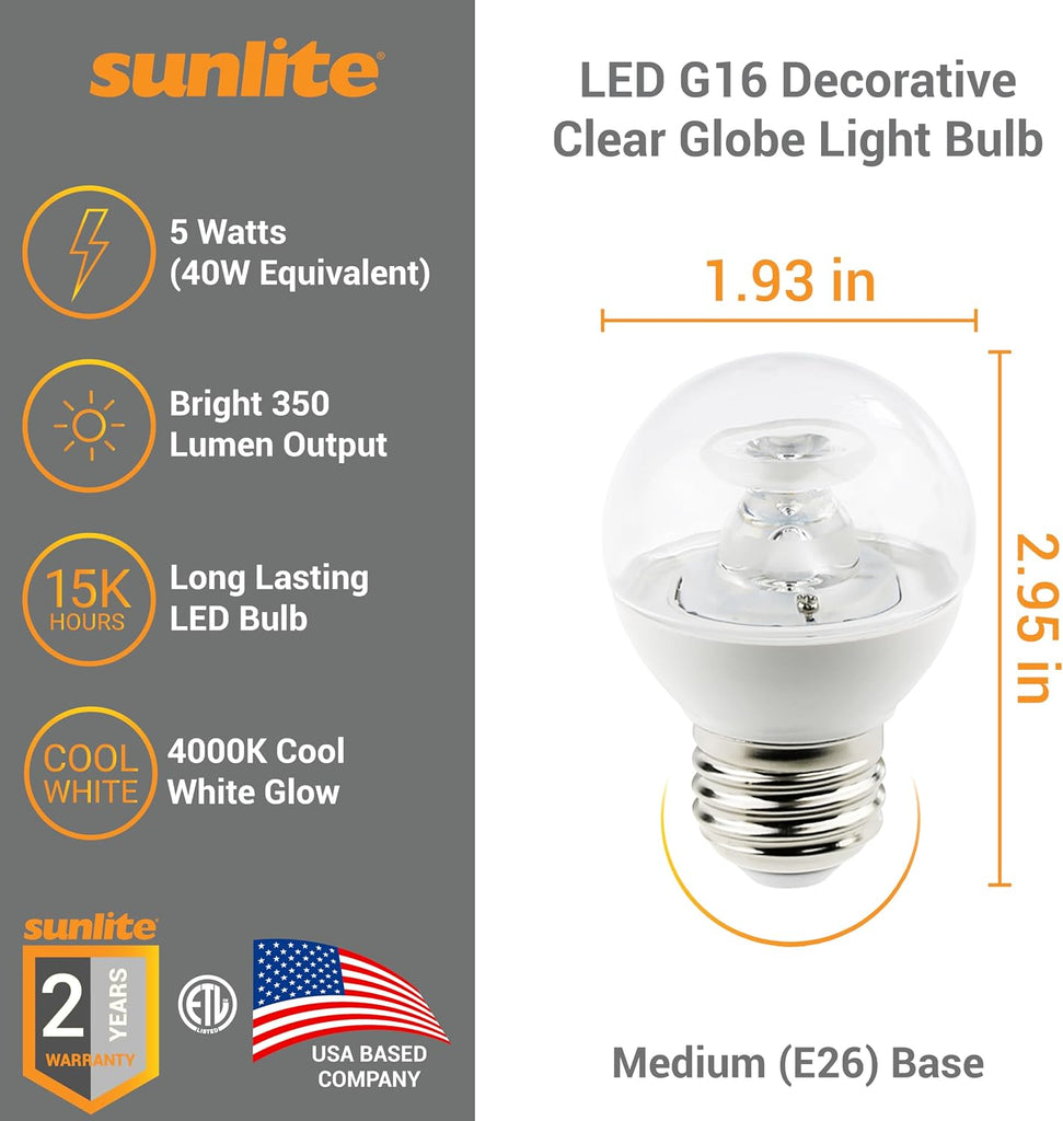 G16 LED Dimmable Decorative Globe Vanity Light Bulbs, Clear, 5W (40W Equiv.), 350 Lumens, Medium E26 Base, Mirror