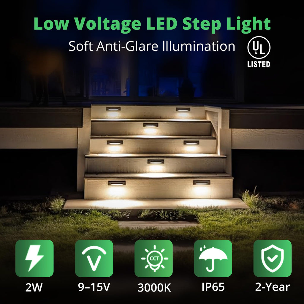 6 Pack LED Low Voltage Linear Step Lights, Landscape Cutoff Stair Riser Light, 2W 9-15V AC/DC 3000K Outdoor