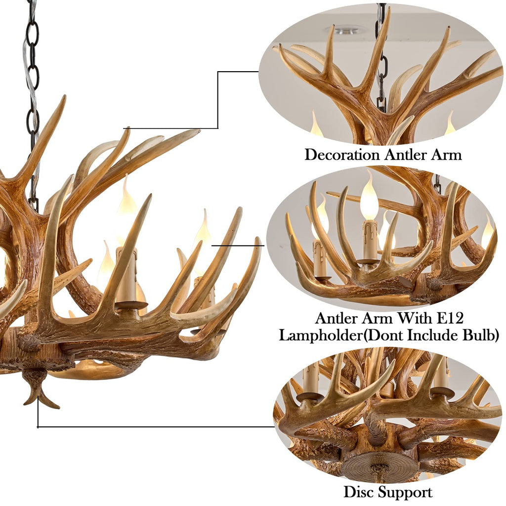 Antler Chandelier 6 Light, Rustic Style Antler Light Fixtures, E12 Base Deer Antler Chandelier Lighting Store Bar (6