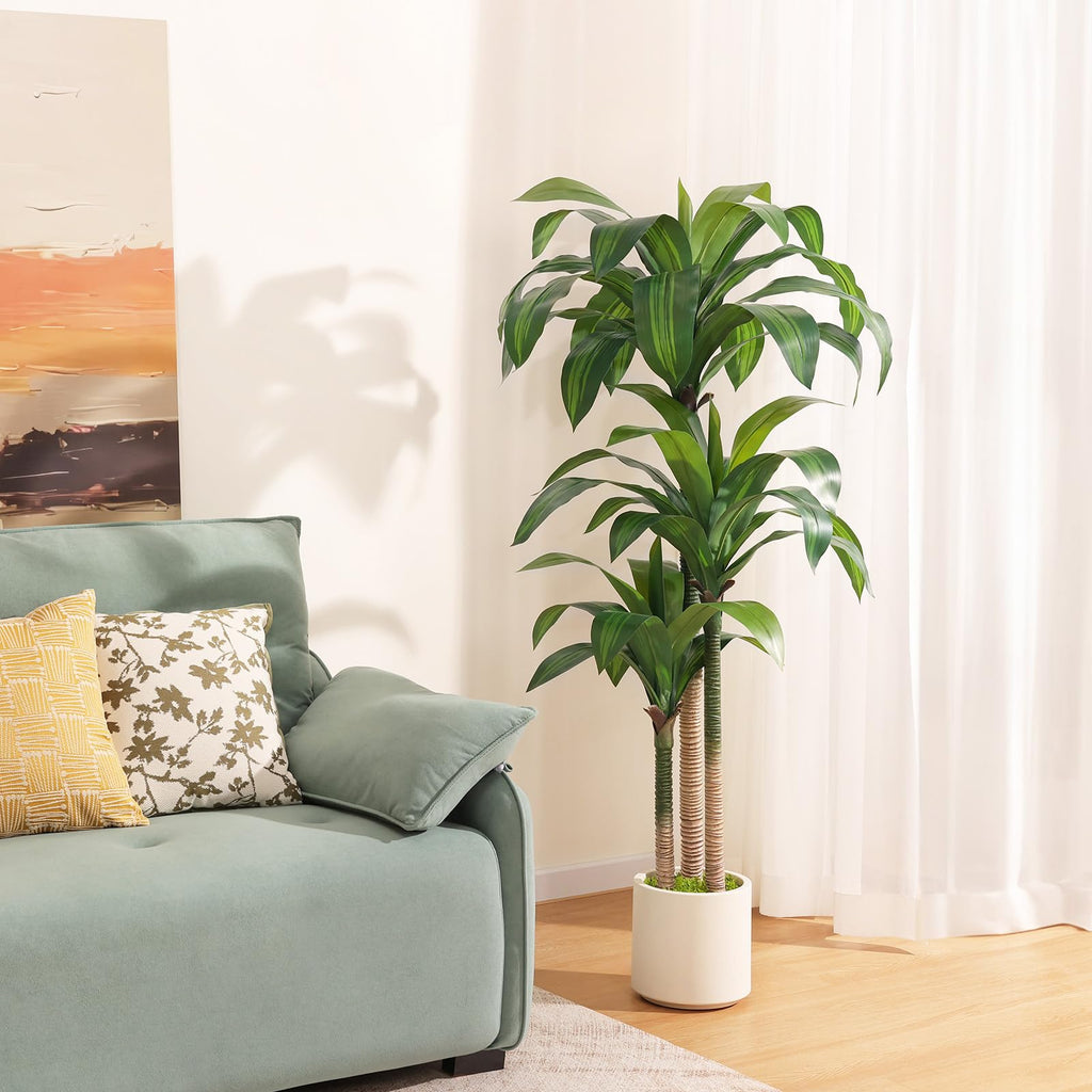 Artificial Dracaena Tree 5ft, Tall Fake Dracaena Plants with White Planter, Faux Dragon Tree Indoor Floor Plant Decor