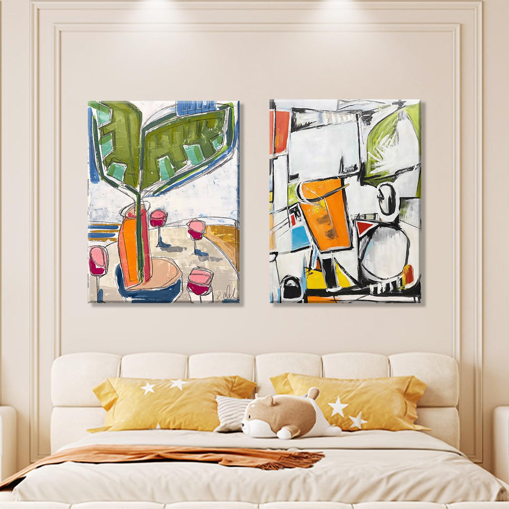Framed 2pcs Abstract White Green Wall Art Geometric Print Colorful Dining Room Canvas Painting Modern Mexican Style