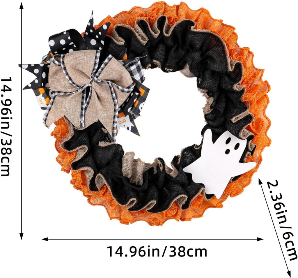 Halloween Boo Ghost Wreath, Burlap Wreath with Bows for Front Door, Farmhouse Favors Trick of Treat Props, Halloween