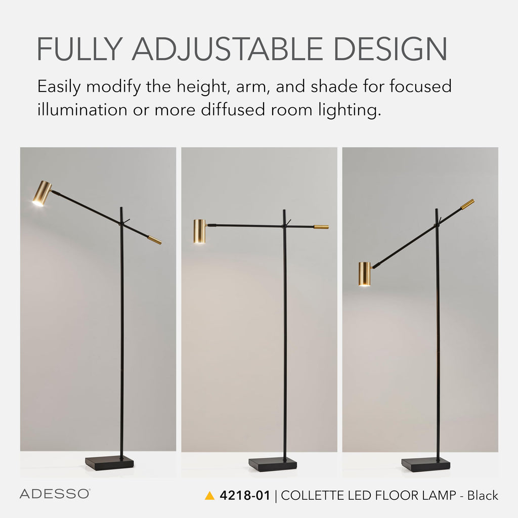 LED Floor Lamp, Black & Antique Brass, Adjustable Height, 63"