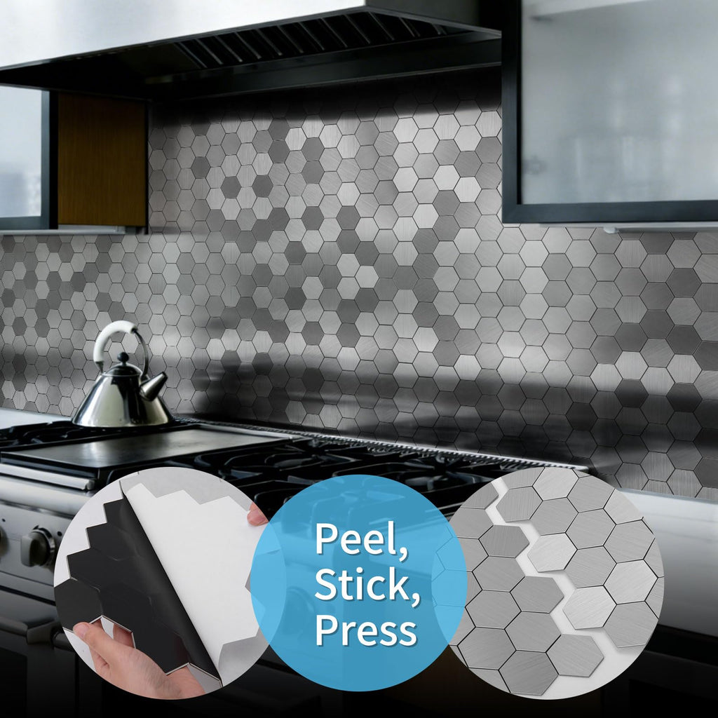 10-Pack Metal Peel and Stick Backsplash Tile, Silver Hexagon