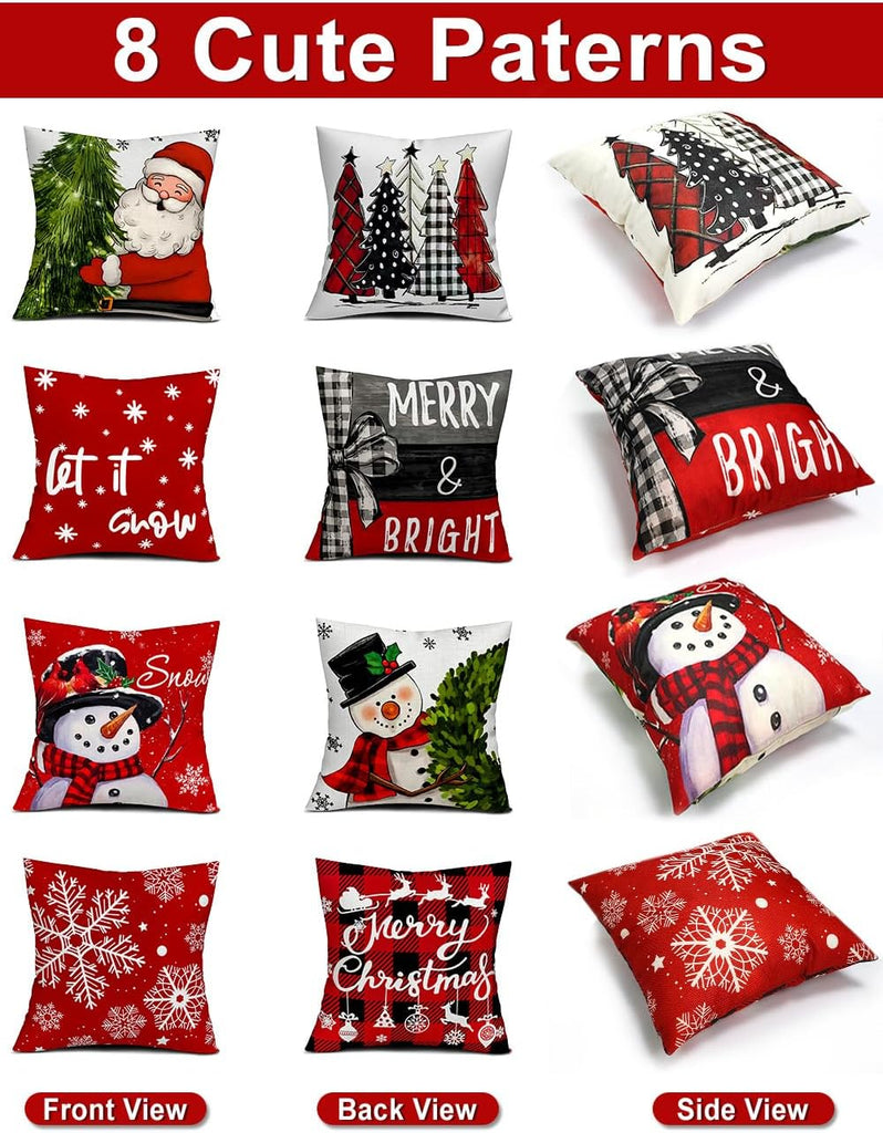 Christmas Decorations Double-Sided Print Christmas Pillow Covers 18" x 18", with 8 Cute Patterns, Throw - Set of 4