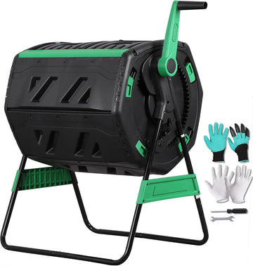 53-Gallon Dual Chamber Compost Tumbler, Outdoor Compost Bin with 360° Hand Crank & Adjustable Aeration, Includes