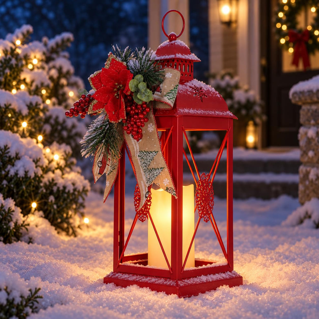 Christmas Decorations, 18" Metal Christmas Lantern with LED Candle and Floral Accents Decor, Decorative Hanging