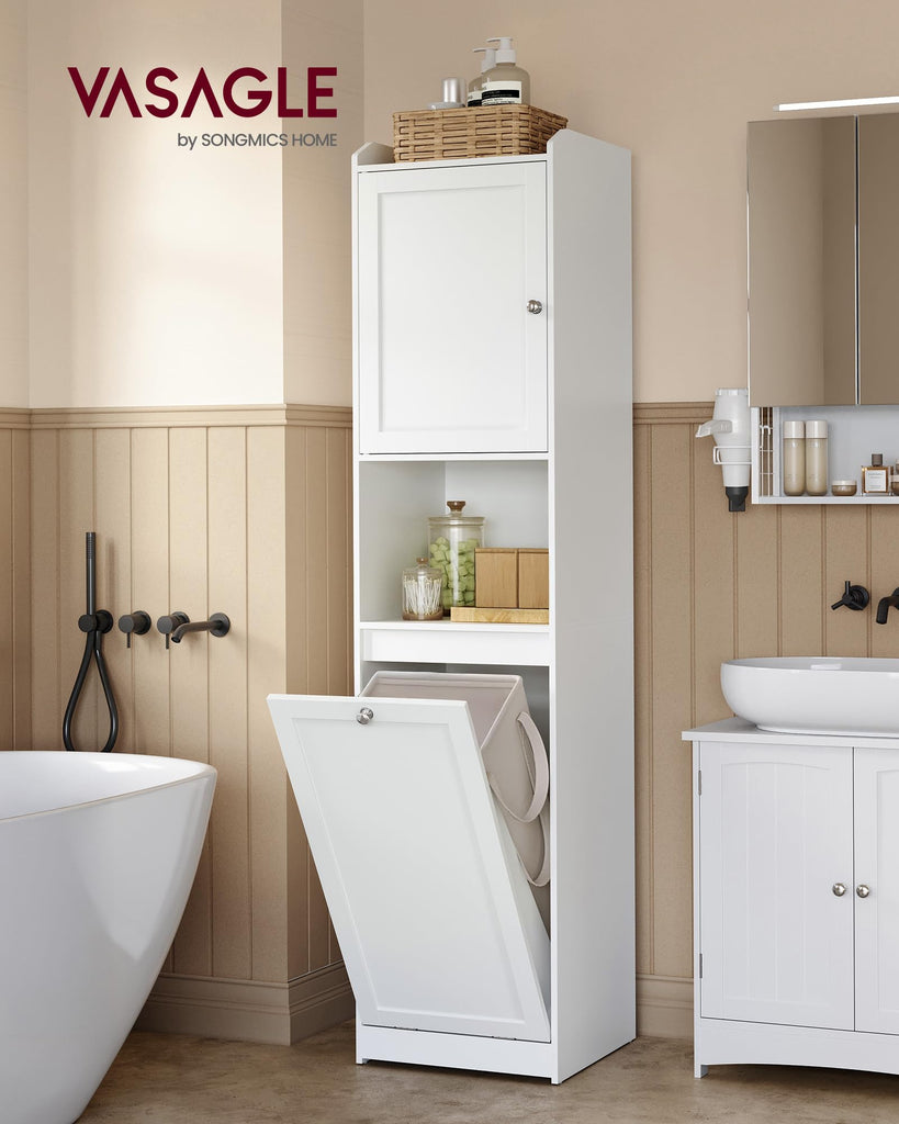 Tall Storage Cabinet, with Removable Laundry Basket, Cloud White