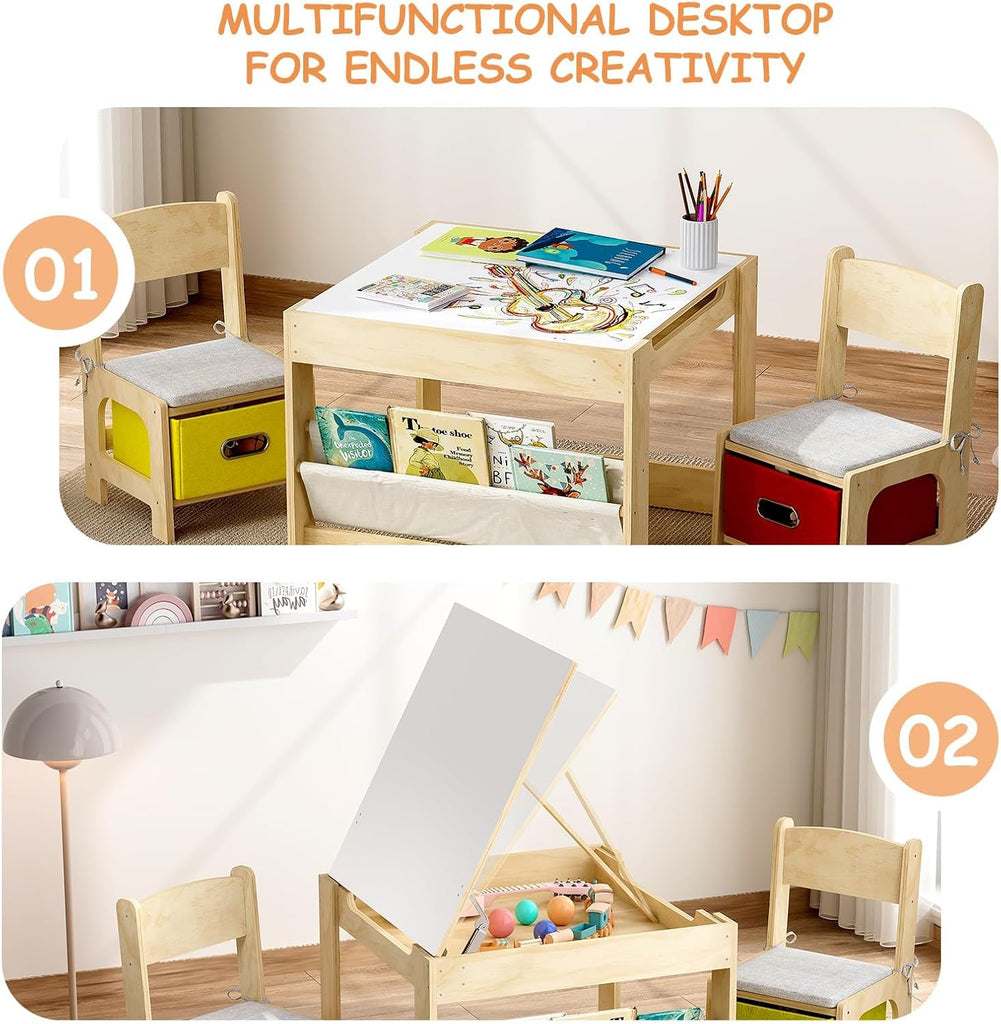 Kids Table and 2 Chairs Set, Wooden Toddler Activity Table with Adjustable Drawing Tabletop, Safety Hinges, Storage