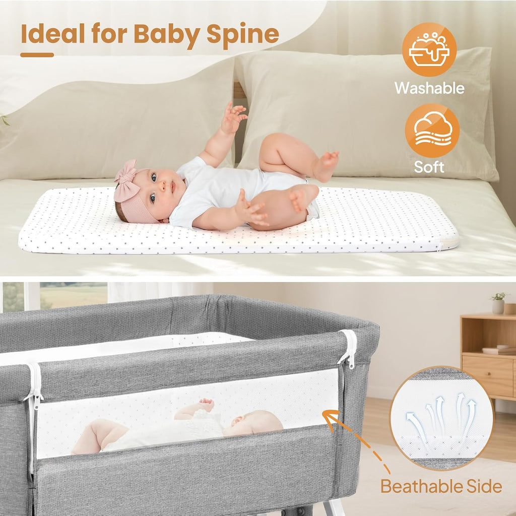 3 in 1 Baby Bassinet, Bedside Bassinet for Baby, with Comfy Mattress and Wheels, 6 Height Adjustable Easy Folding