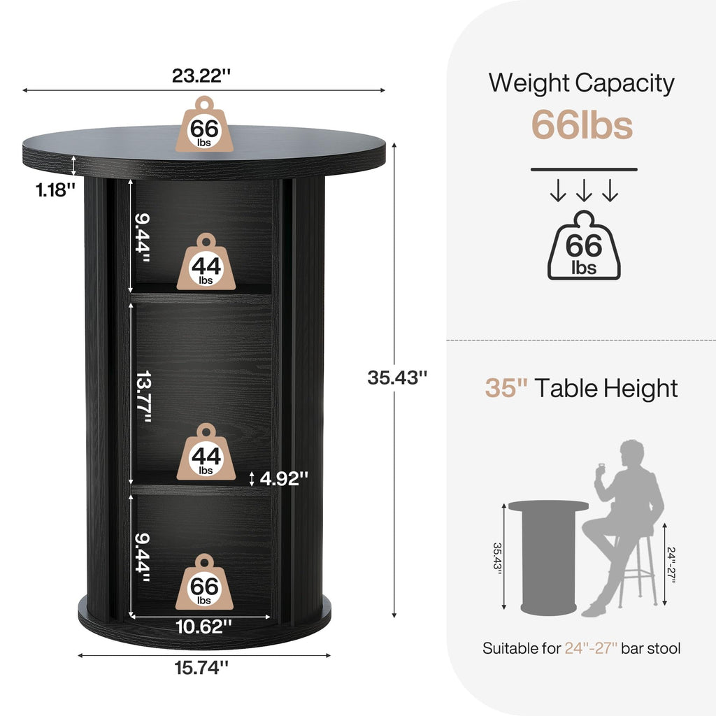 Round Bar Table, 35.4" Rustic Cocktail Table with 3-Tier Hidden Storage Shelves, High Top Bistro Pub Table with Slide