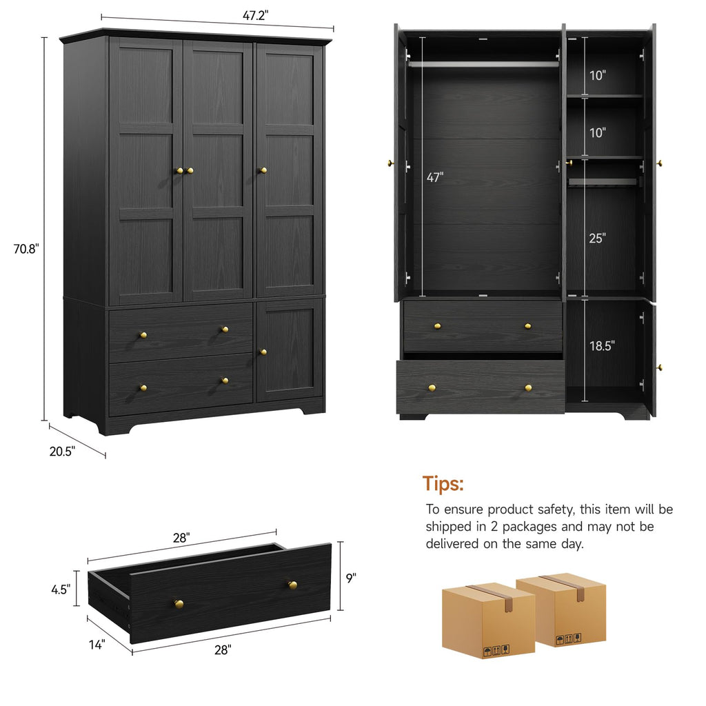 3 Doors Wooden Wardrobe Closet, Large Capacity Bedroom Armoires