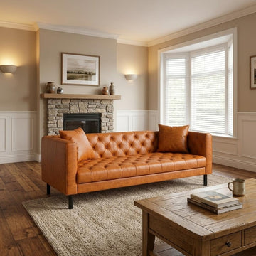 81" Leather Couch, Faux Leather Couch, Cognac Tan