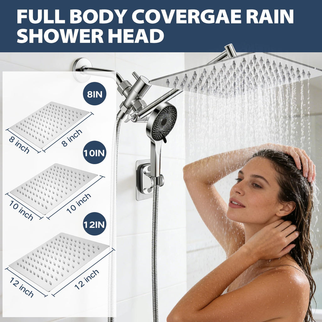 Shower Head, Rain Shower Head with Handheld Spray Combo, 8 Inch Adjustable High Pressure Rainfall Shower Head, Dual
