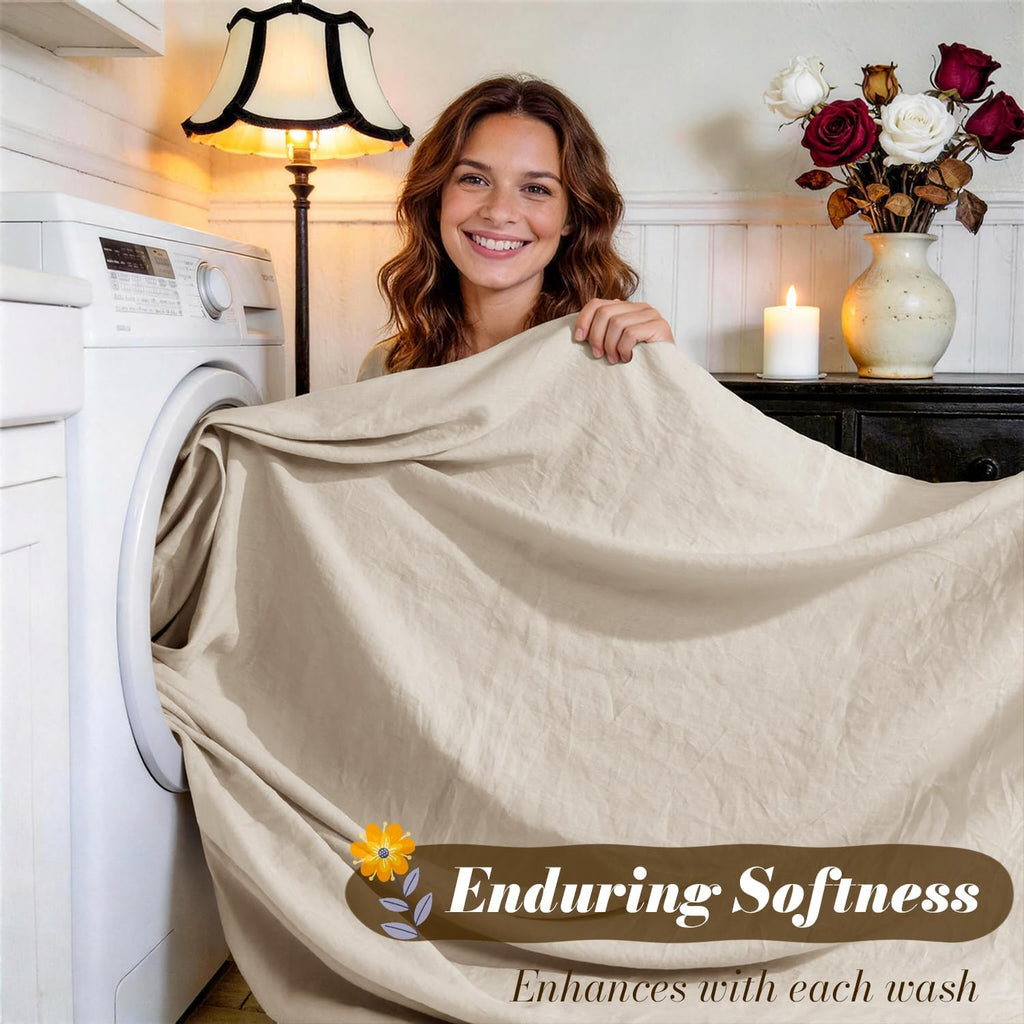 100% French Pure Linen Queen Sheets, Breathable and Durable Linen Bed Sheets, Anti-Tear, Machine Washable, 16 Inch
