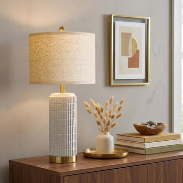 Farmhouse Table Lamps Set of 2 with Gold Base, 25'' Stone-Like Bedside Lamps Night Stands, Ructic Ceramic Lamp