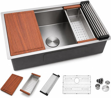 33 Inch Undermount Kitchen Sink, Single Bowl Workstation 16 Gauge 304 Stainless Steel Sink, Handmade Under Counter