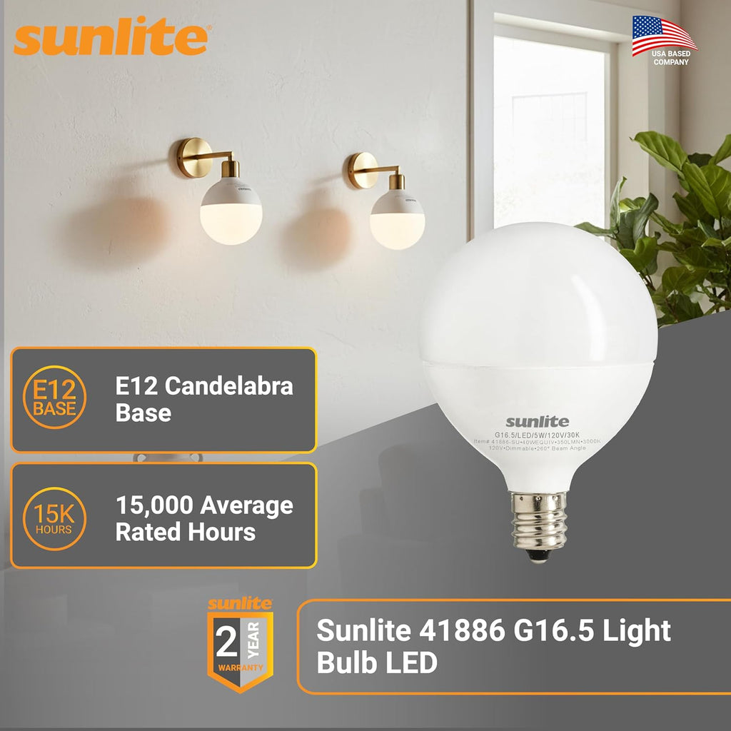G16.5 Light Bulb LED, 5W (40W Equiv.), 350 Lumens, Dimmable, Type G Globe Shape E12 Candelabra Base, Short Bulbs