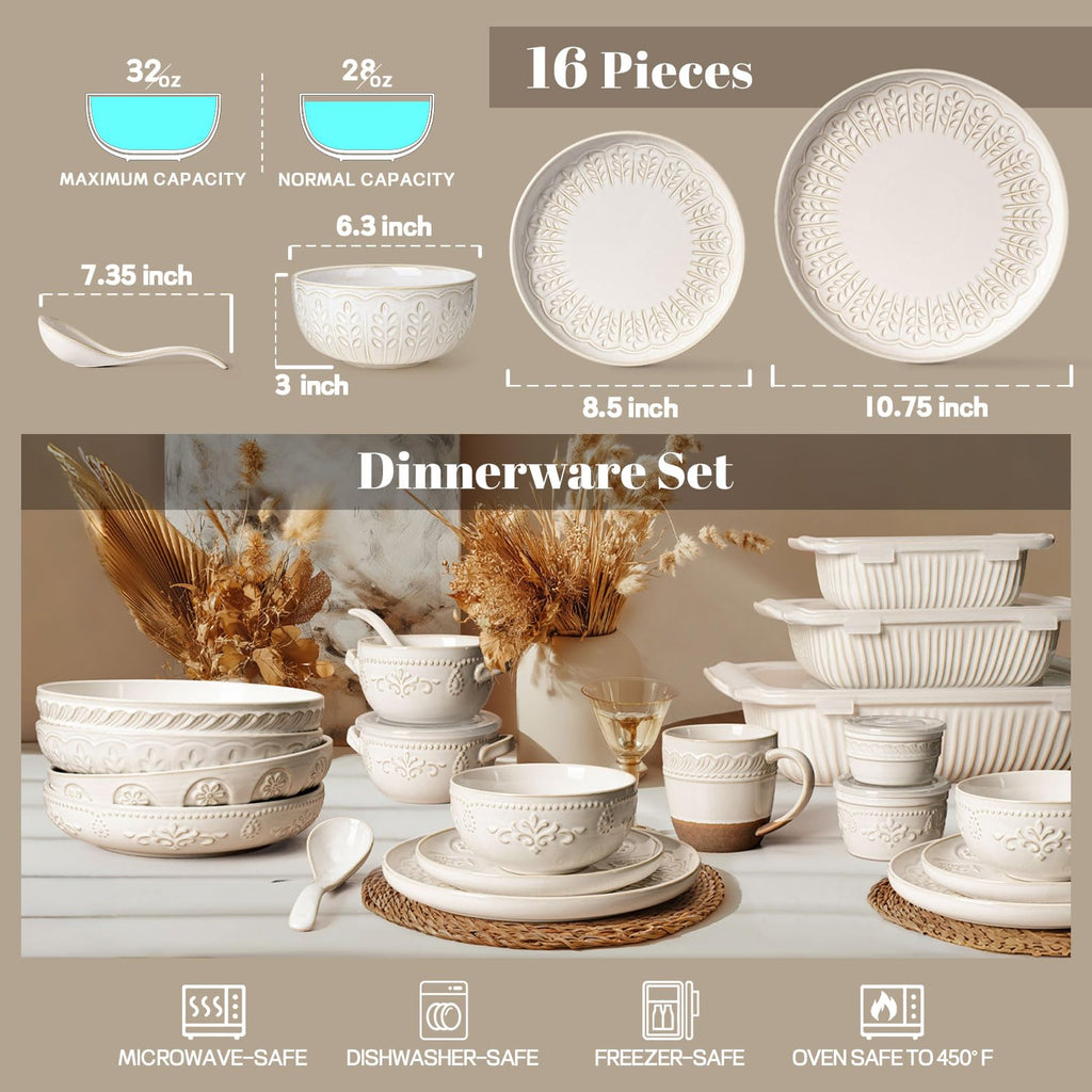 Plates And Bowls Sets, 16 Pieces Dinnerware Sets, Dish Set For 4, Ceramic Kitchen Bowl And Plate Set, Embossed White