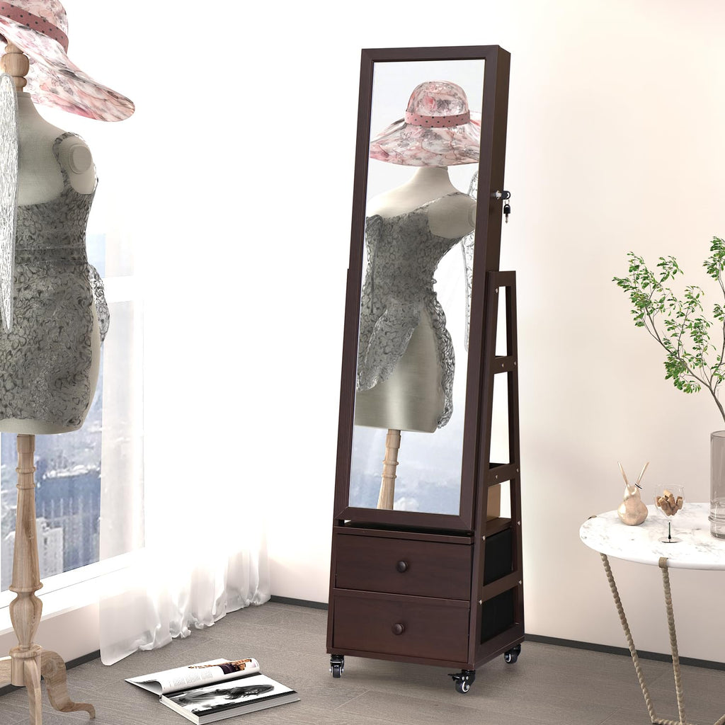 Standing Jewelry Cabinet with Lockable, Full Length Mirror with Storage