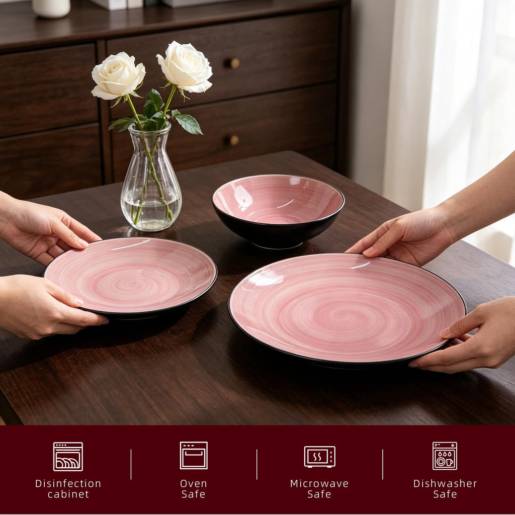 Stoneware Dinnerware Set, Sonoma 18 Piece Service for 6, Black & Speckled Pink Spinwash Plates and Bowls, Microwave &