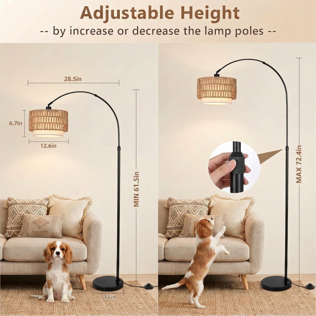 Arc Floor Lamp with 12W Bulb, 61.5"-71.5" Height Adjustable Rattan Floor Lamps with 3 Color Temps, Farmhouse Arched