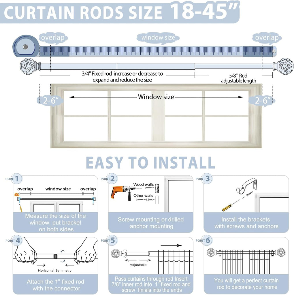White Decorative Farmhouse Curtain Rod:18-45"Adjustable Heavy Duty Single Window Curtain Rod for Bedroom Living Room