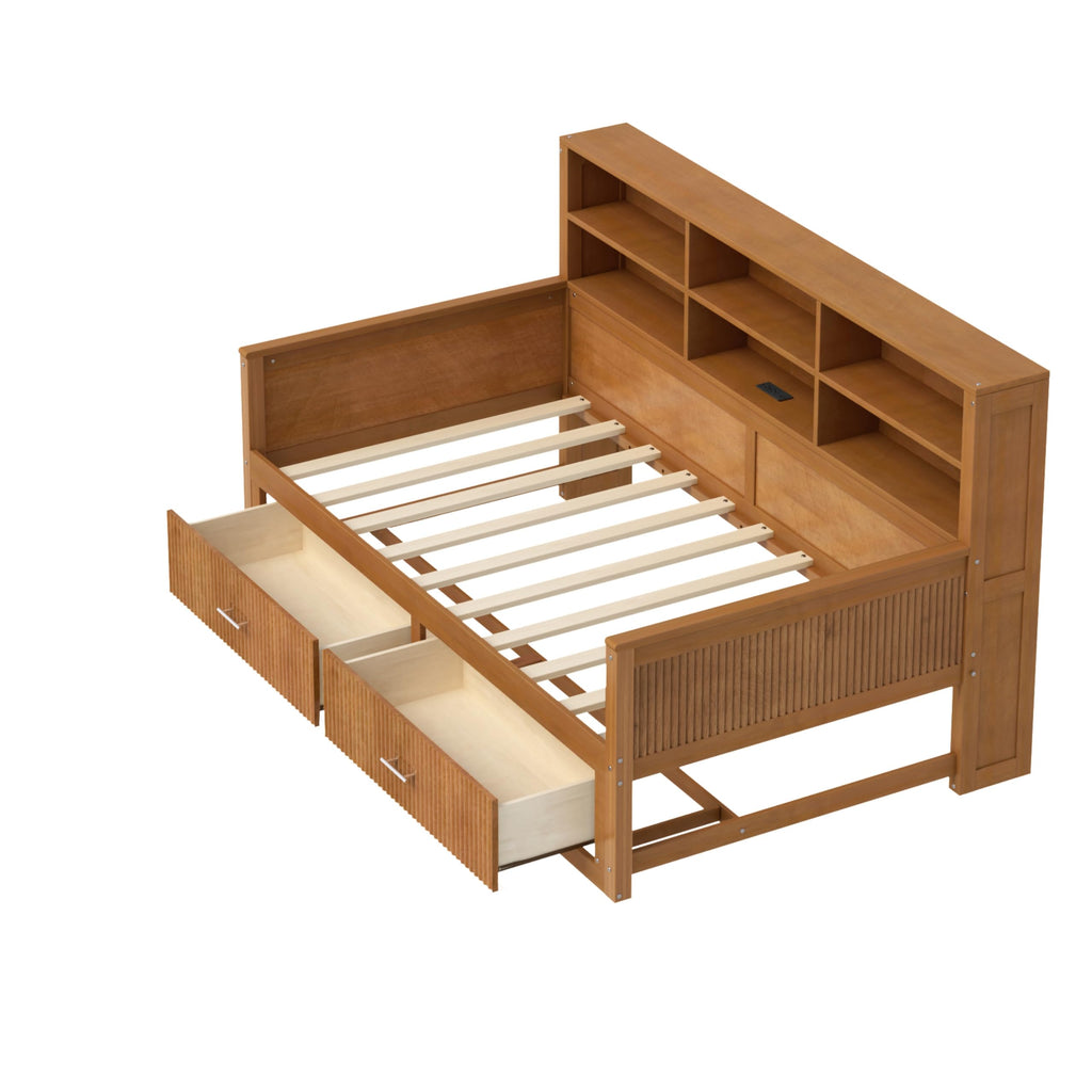 Twin Size Daybed with Storage Shelves Bookcase and Drawers, Walnut
