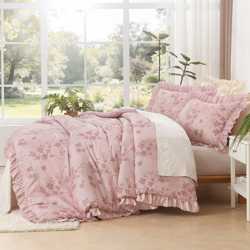 Comforter Set, 3 Pieces Grey Pink Floral Ruffle Bedding Set
