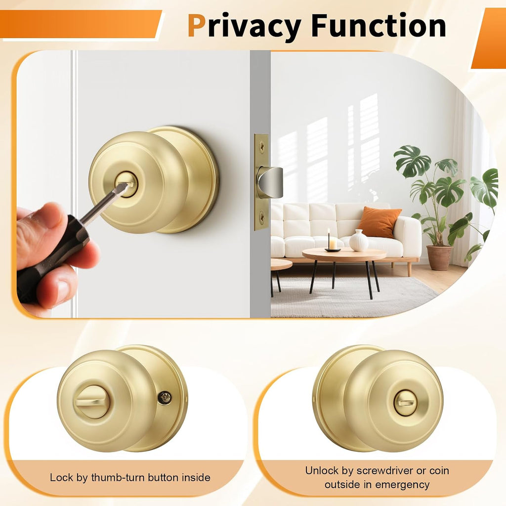 Brushed Brass Door Knobs Bathroom, Interior Door Knob with Round Ball, Gold Privacy Door Knob, 6 Pack