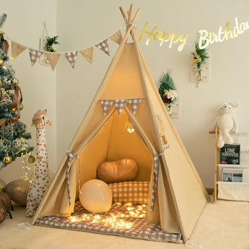 Teepee Tent with Padded Mat Bunting Banner Fairy Lights - Print Gingham Kids Play Tent with Carry Bay for Indoor