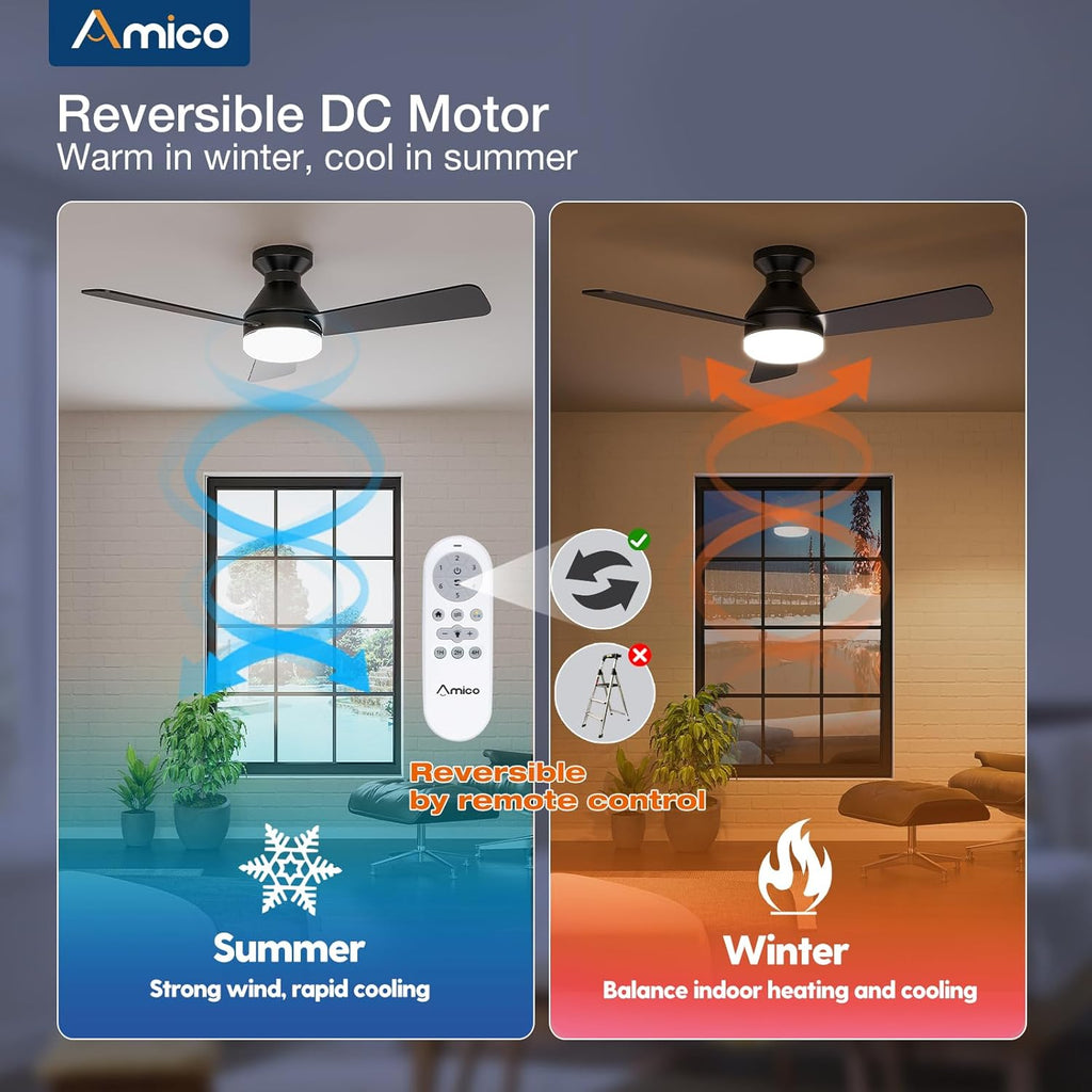 Ceiling Fans with Lights, 42 inch Low Profile Ceiling Fan with Light and Remote Control, Flush Mount, Reversible, 3CCT, Dimmable, Noiseless, Black Ceiling Fan for Bedroom, Indoor/Outdoor Use A102-B0C61JBT71