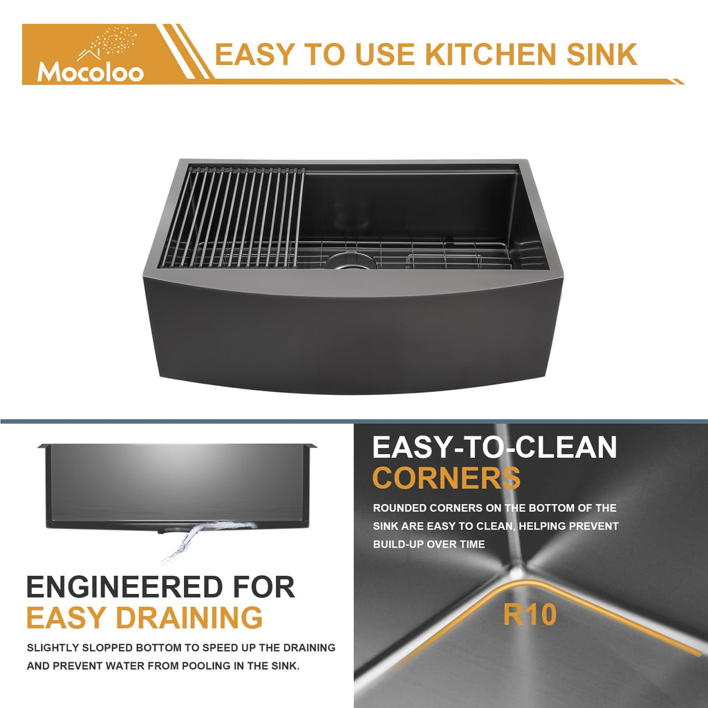 Black Farmhouse Sink - 36x22 Inch Undermount Sinks Gunmetal Black Stainless Steel 16 Gauge 36'' Apron Single Bowl