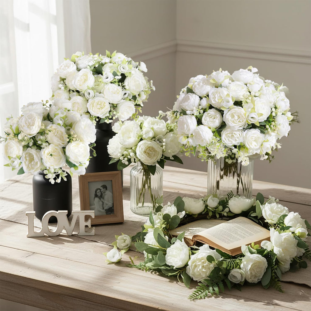 Peonies Artificial Flowers 12 Bouquets, White Flowers Lifelike Silk Fake Peonies with Stems Table Centerpieces
