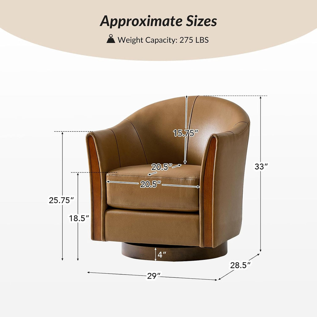 Leather Swivel Accent Chairs with Wood Base, Camel - Set of 2