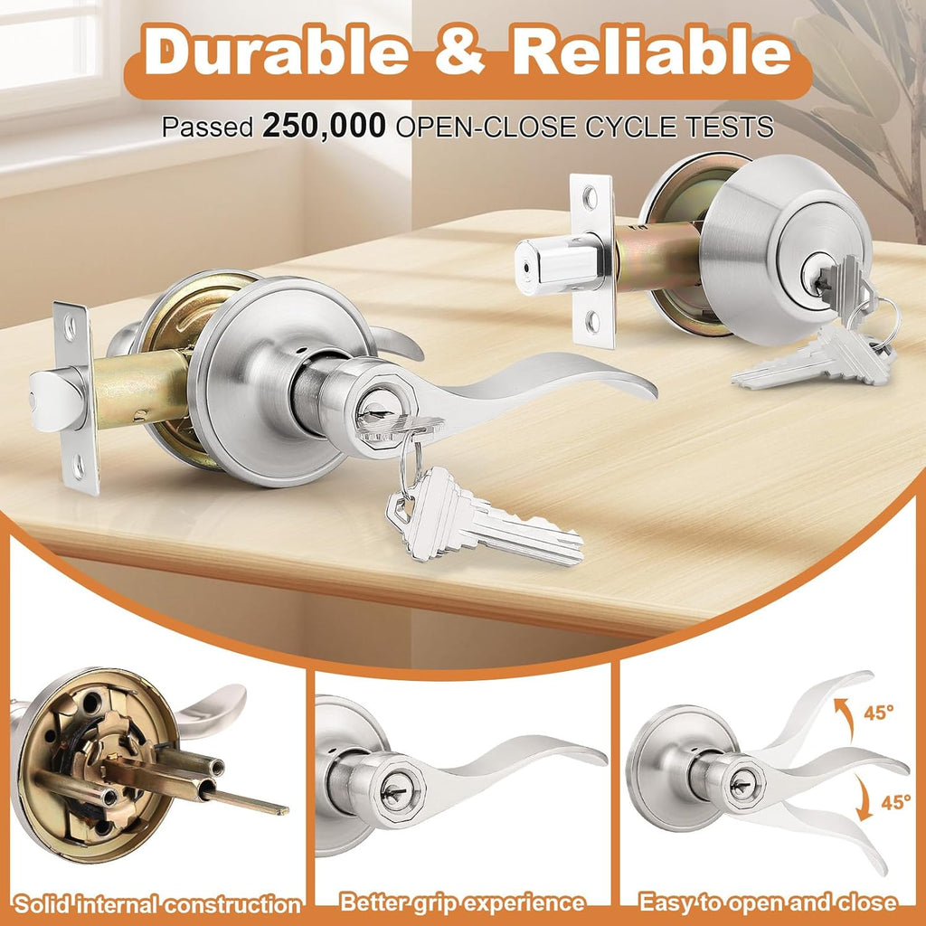 Entrance Door Lever Deadbolt Sets Drop Style Entry Door Handle Set with Single Cylinder Deadbolt in Satin Nickel