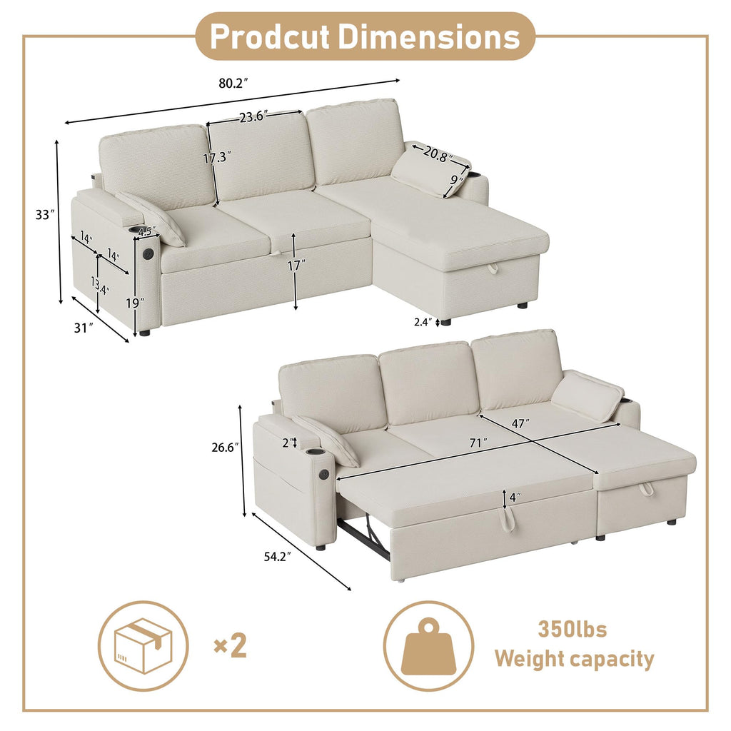 80" Sofa Bed Pull Out L Shaped Couch with Storage Chaise, Beige White