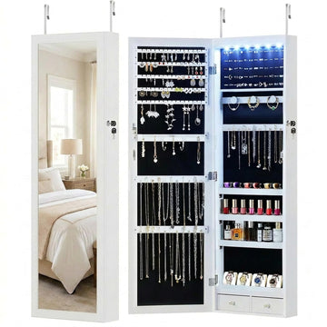 6 LEDs Mirror Jewelry Cabinet, Wall or Door Mounted Jewelry Organizer, 47.2-Inch Tall Lockable Large Capacity