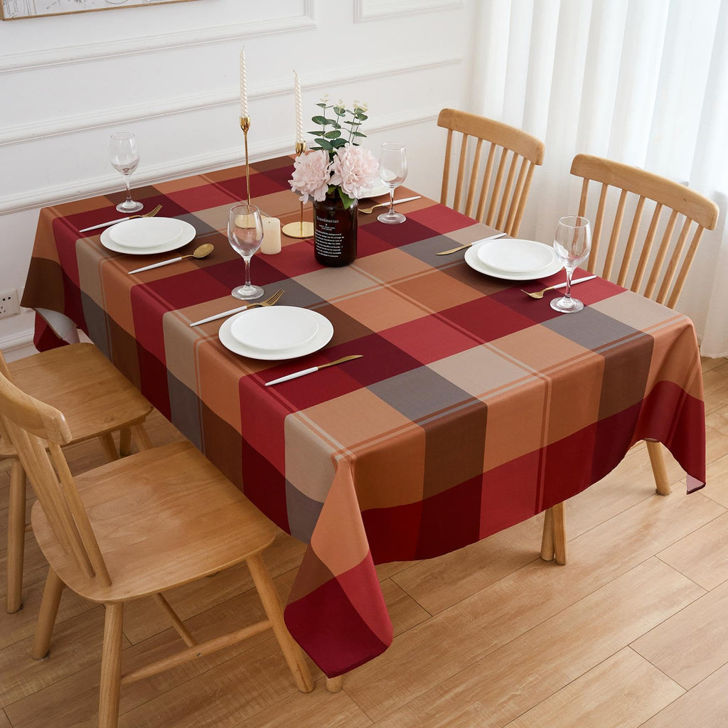 Rectangle Tablecloth 60" x 84" Winter Brown Plaid Table Cloth - Oblong Autumn Polyester Red Brown Harvest Checkered