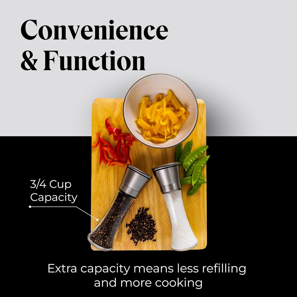 Salt & Pepper Grinder Set with Stand - Stainless Steel Manual Mills & Holder with Adjustable Coarseness, Refillable - Set of 2
