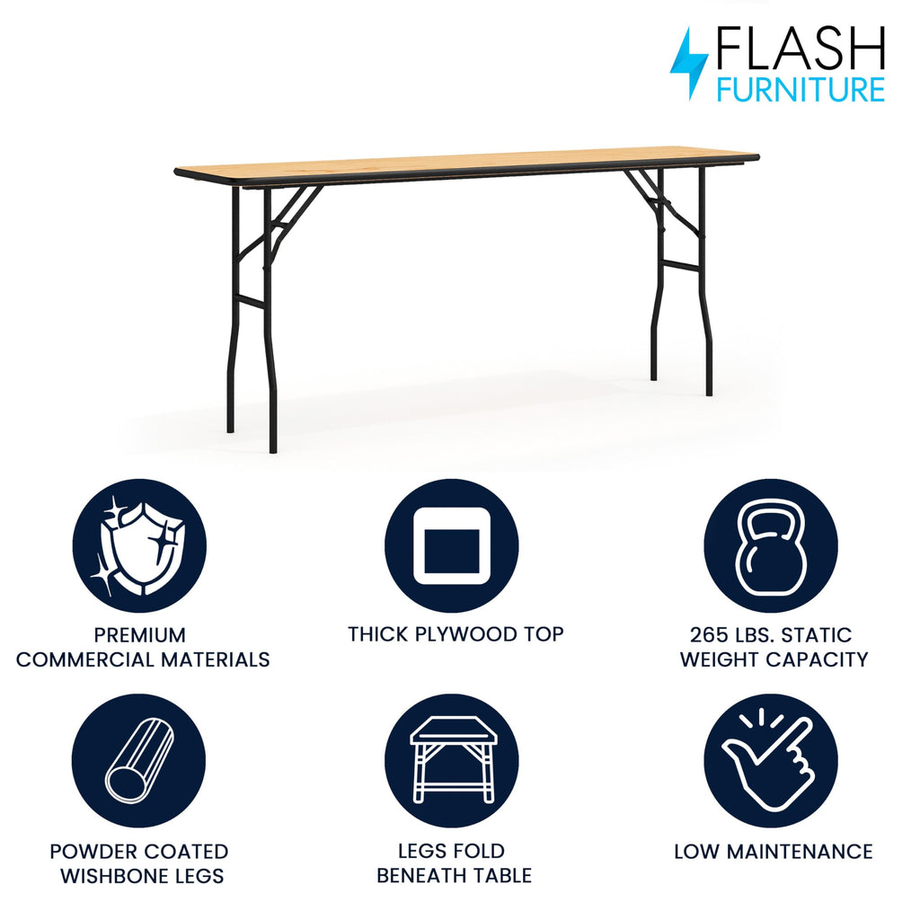 6 ft Wood Folding Banquet Table, 72" x 30", Clear Coat Finish