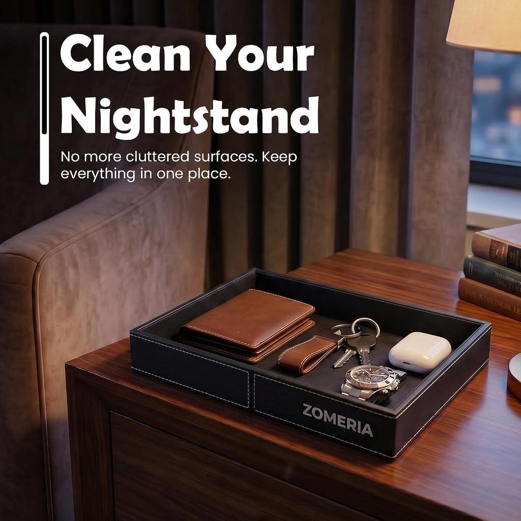 Valet Tray for Men - Premium Vegan Leather Nightstand Organizer and Catchall Tray for Wallet, Phone, Keys, Watch