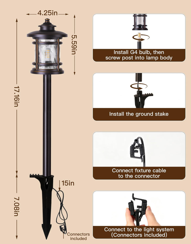 8 Pack Low Voltage Pathway Lights with G4 Bulbs, Seed Glass Shade, Aluminum