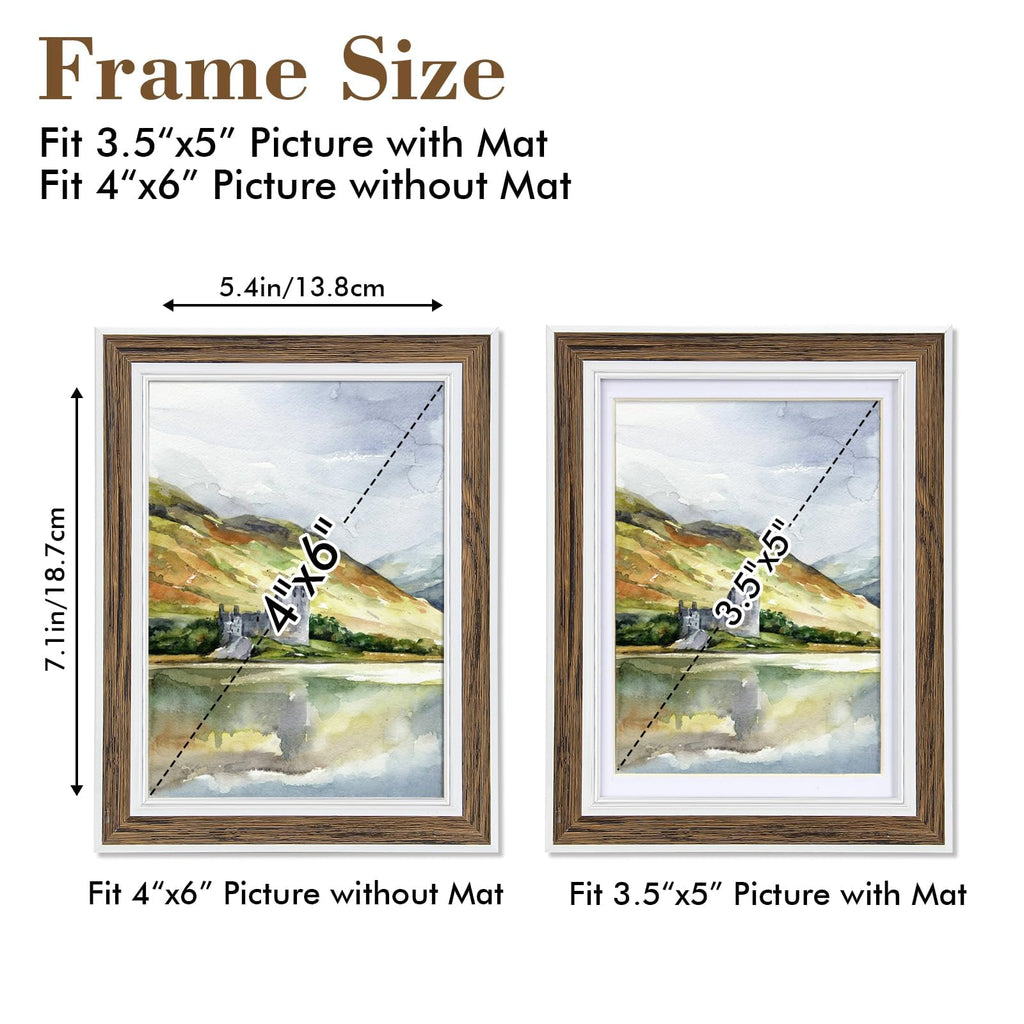 4x6 Picture Frame Set of 6, Rustic Farmhouse Photo Frame, Display 3.5x5 with Mat or 4x6 Without Mat for Decorative on
