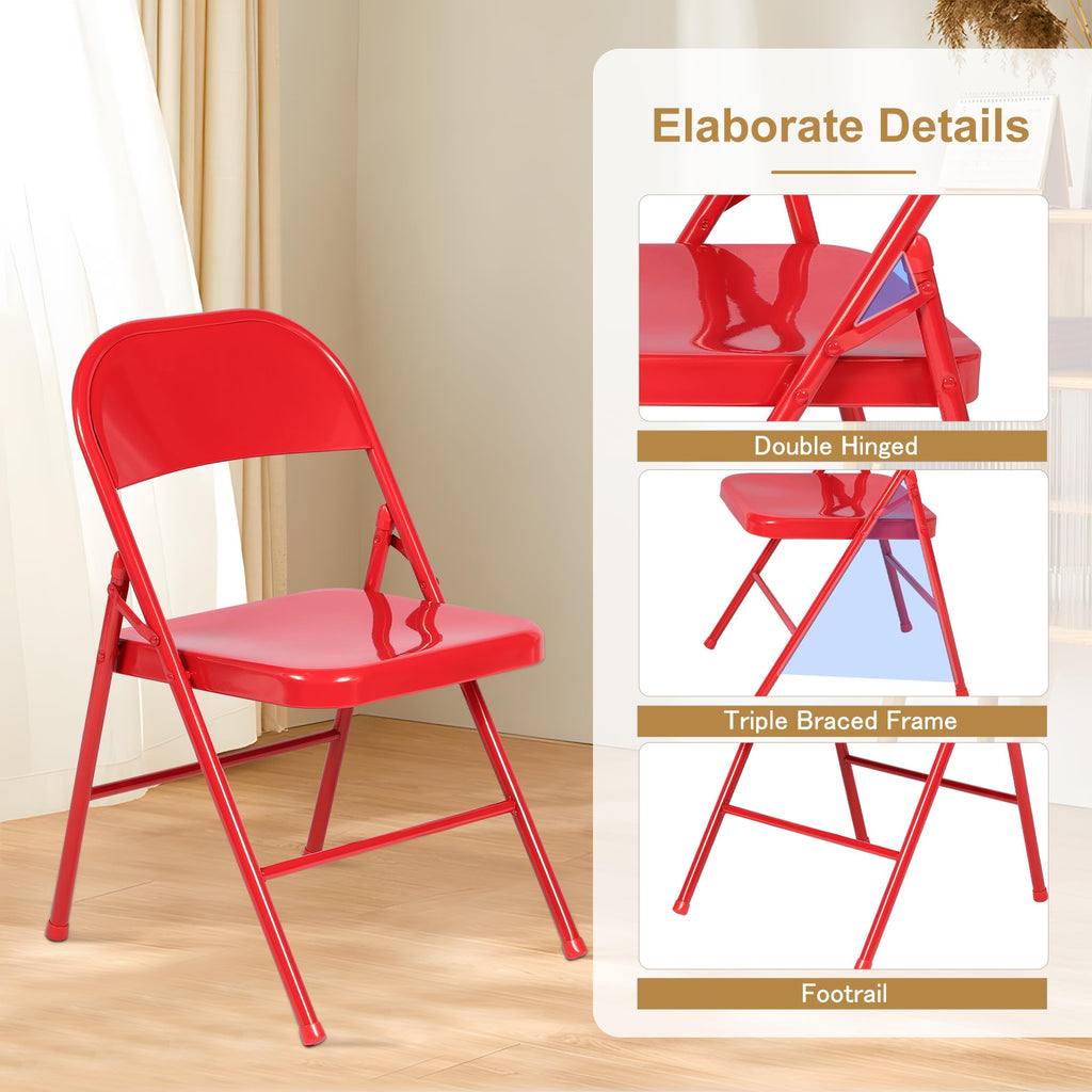 8 Packs Metal Folding Chairs, Stackable Steel Seat with Triple Braced & Double Hinged Back, Red, 8 Pack