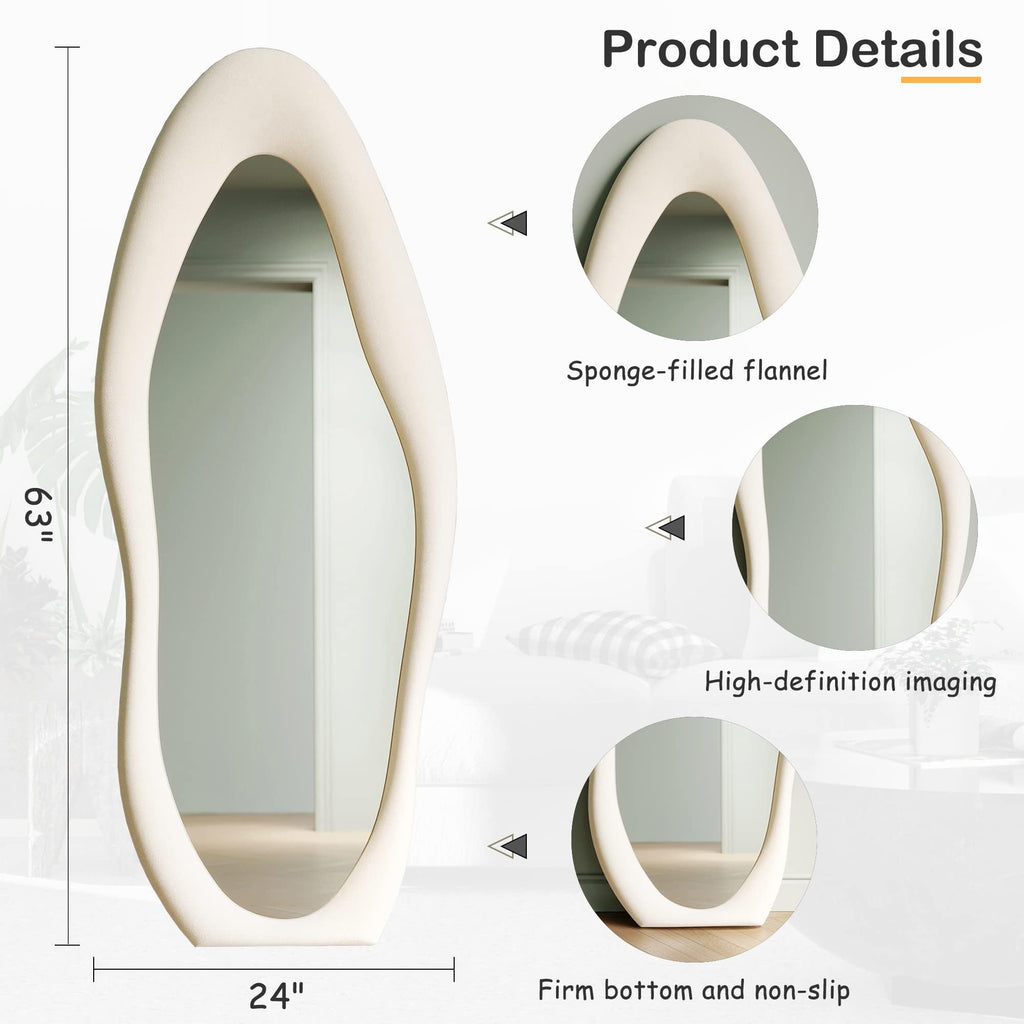 Full Length Mirror, 63" x 24" Wall Mirror, Flannel Wrapped Wooden Frame Full Body Mirror, Irregular Wavy Mirror