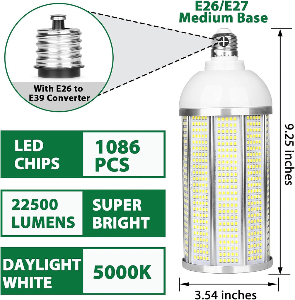 150W LED Corn Bulb, 22500LM Super Bright LED Bulb, Equivalent 600W MH HPS HID CFL, 5000K Daylight White, E26/E39