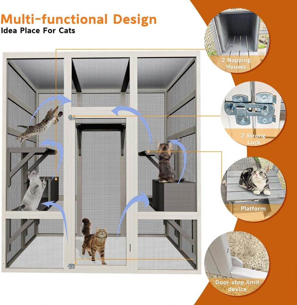 Outdoor Cat House Catio Enclosure 62.6", Wooden Large Cat Cage with Waterproof Roof, Solid Wood Cat Playpen with 7
