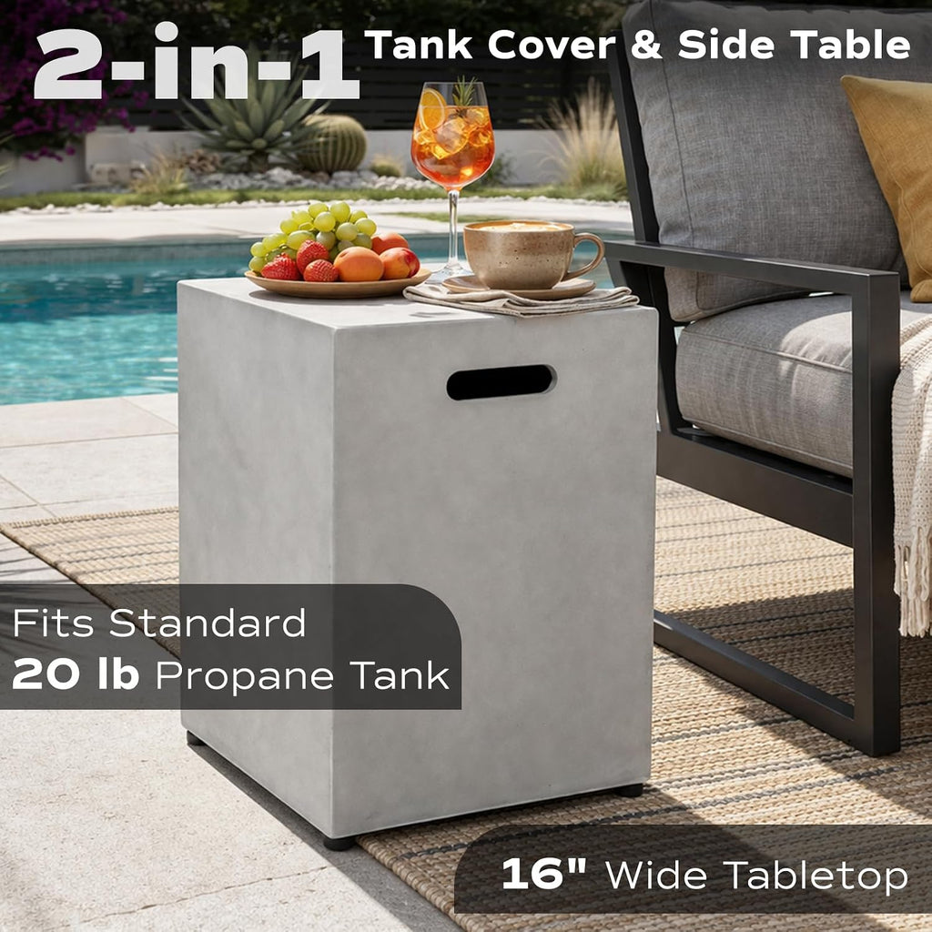 60-inch Outdoor Propane Fire Pit Coffee Table with Tank Cover, 50,000 BTU Concrete Rectangle Modern Outside Fire
